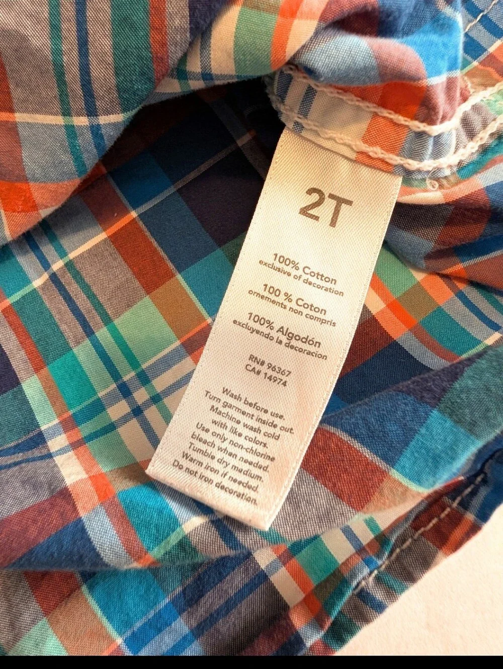 Osh Kosh B'Gosh Boys 2T Blue Green  Orange Plaid Long Sleeve Button Down Button